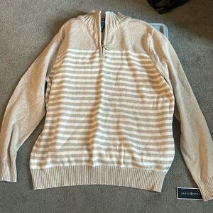 Tan and white striped. Karen Scott pullover zip up sweater.